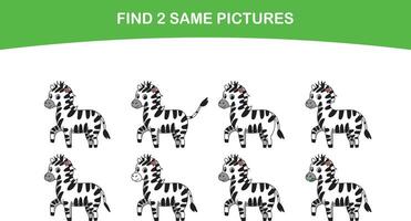 Funny cartoon zebra. Find two same pictures. Educational game for children. Cartoon vector illustration