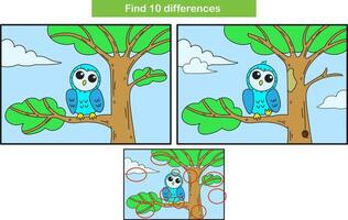 Funny cartoon owl. Find 10 differences. Kids Education games. Cartoon vector illustration