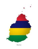 Vector illustration with Mauritius national flag with shape of Mauritius map. Red, blue, yellow, green colors. Volume shadow on the map.