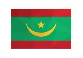 Vector illustration. Official ensign of Mauritania. National flag with red, green stripes and yellow crescent, star. Creative design in low poly style with triangular shapes