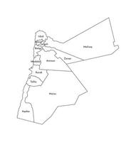 Vector isolated illustration of simplified administrative map of Jordan. Borders and names of the governorates, regions. Black line silhouettes.