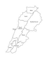 Vector isolated illustration of simplified administrative map of Lebanon. Borders and names of the governorates, regions. Black line silhouettes.