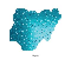 Vector isolated geometric illustration with simplified icy blue silhouette of Nigeria map. Pixel art style for NFT template. Dotted logo with gradient texture for design on white background