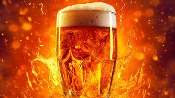 ai generado cerveza vaso con espuma y fuego en un oscuro antecedentes foto