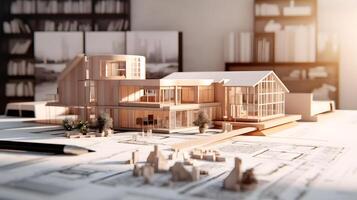 ai generado arquitectónico modelo de un casa en parte superior de arquitectónico planes foto
