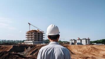 AI generated a man in a hard hat looking at a construction site photo