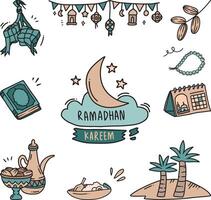 Set of vector doodle element related to Ramadhan and Eid. Used for sticker, poster, card, etc