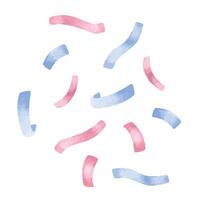 Confetti set Vector illustration. Hand drawn clip art on isolated background. Watercolor drawing of blue and pink serpentine. Sketch of falling glitter for a birthday party. Streamer in pastel colors