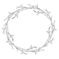 Branch tree wreath. Vector illustration of dry leaf less twig. Hand drawn graphic clipart on isolated background. Linear drawing of round frame border. Outline sketch of stick. Black contour line art