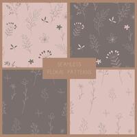 set of hand drawn floral patterns, line art flowers country core vector