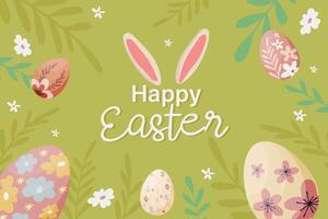 Hand drawn flat easter banner with easter eggs and flowers vector