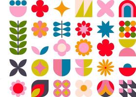 Set of colorful retro geometric elements, Trendy abstract minimalist figures, stars, flowers, circles. Vintage design shapes vector