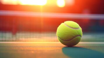 ai generado tenis pelota en el Corte a puesta de sol foto