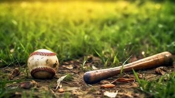 AI generated baseball and bat on grass with sunlight photo