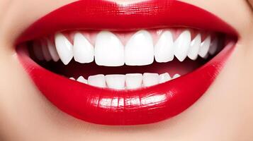 ai generado un mujer boca con blanco dientes y rojo labios foto