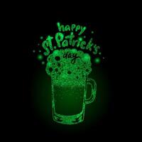 Happy St Patricks Day card. Shiny glass of beer with foam. Green Irish beer. Magic Leprechaun Beer. Green glittering liquid on black background. vector