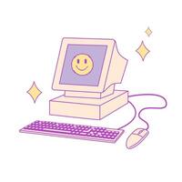 Retro computer, monitor, keyboard, mouse. 2000s style technology. Old style gadget. Nostalgia of 1990s, 2000s electronics devices. Y2K and retrowave style illustration vector