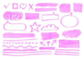 Set of hand drawn pink highlighter design elements. Marker color strokes, lines, arrows, heart, star. Talk bubbles, text boxes. Vector illustration. Marker underlines. Frames and borders