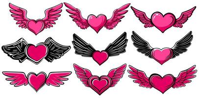 conjunto corazón ángel icono. rosado amor con ala pegatina diseño vector ilustración