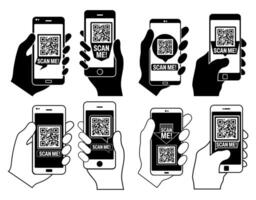 Set Holding smartphone Scan me scanning sign. QR code Barcode icon design vector illustration