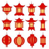 set red Chinese lamp hanging lanterns lunar interior design vector illustration