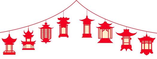 set red Japanese lamp lanterns icon vector illustration