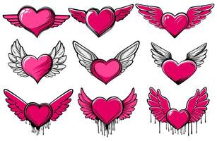 conjunto corazones ángel icono. garabatear rosado amor con ala pegatina diseño vector ilustración