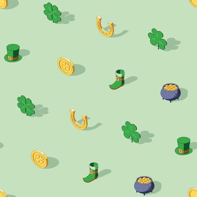 Isometric St Patricks day seamless pattern on green background