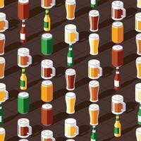 Beer seamless pattern with bottles, glass, cups, and cans of beer on brown background vector