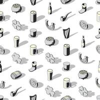 Black and white seamless pattern of St Patricks day isometric icons on transparent background vector