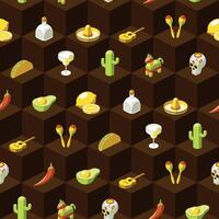 Seamless pattern of flat mexico related icons on brown isometric background vector