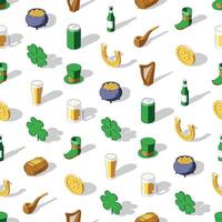 Colorful seamless pattern of St Patricks day isometric icons on transparent background vector