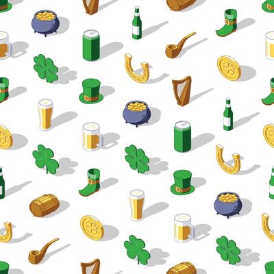 Colorful seamless pattern of St Patricks day isometric icons on transparent background