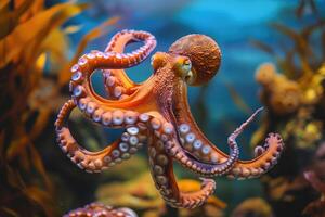 AI generated Octopus and coral reef in the sea. photo