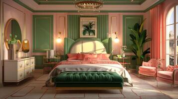 AI generated Luxurious pink and green bedroom interior design photo