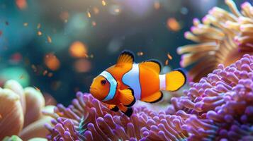 AI generated Amphiprion ocellaris clownfish and anemone in sea. photo