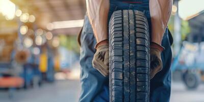 AI generated Mechanic holding a new tire at workshop photo