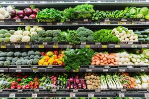 AI generated Various vegetables on supermarket aisles photo