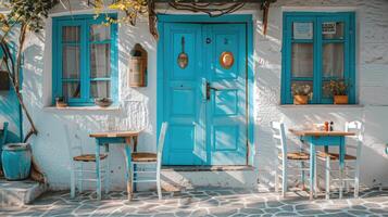 AI generated Greek culture with traditional white and blue greek architecture, taverna photo