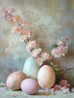 AI generated Soft pastel colored Easter eggs nestled among cherry blossoms representing spring and festivity photo