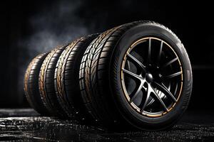 AI generated Set of new car tires with sporty rims photo