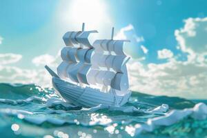 AI generated Handmade model paper ship on ocean scene photo