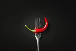 ai generado rojo chile pimienta en un plata tenedor en contra negro foto