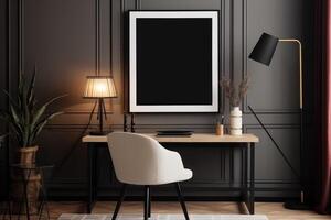 AI generated Elegant composition of workplace interior with mock up poster frame and wooden desk photo