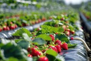 AI generated Strawberries hanging from plants in greenhouse photo