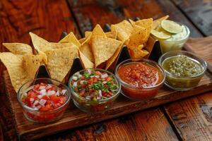 ai generado triangular nachos maíz papas fritas con varios salsas en pequeño vaso bochas en de madera bandeja foto