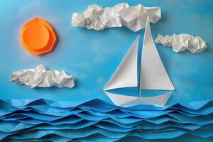 AI generated Handmade paper sailboat on a crafted blue ocean and sky with paper sun and clouds, showcasing creativity and art and craft photo