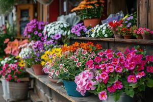 AI generated A flower shop, beautiful colorful flowers outdoor. photo