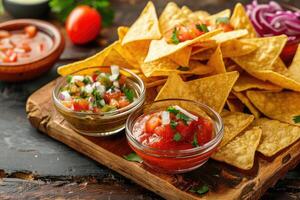 AI generated Triangular nachos corn chips with various sauces in small glass bowls on wooden tray photo