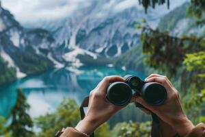 AI generated Hands holding binoculars on nature background photo